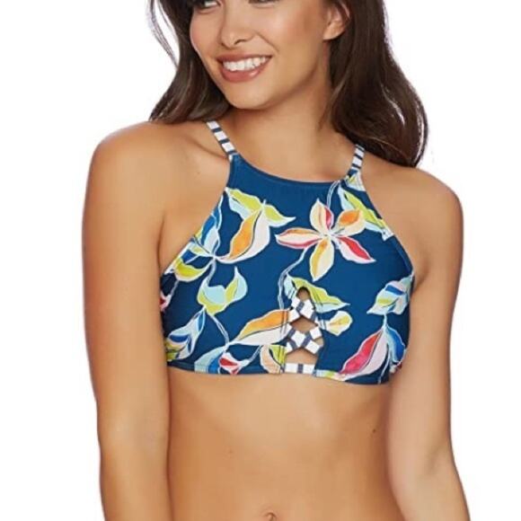 Splendid Tropical Navy High Neck Bikini Top NWT - Picture 5 of 11